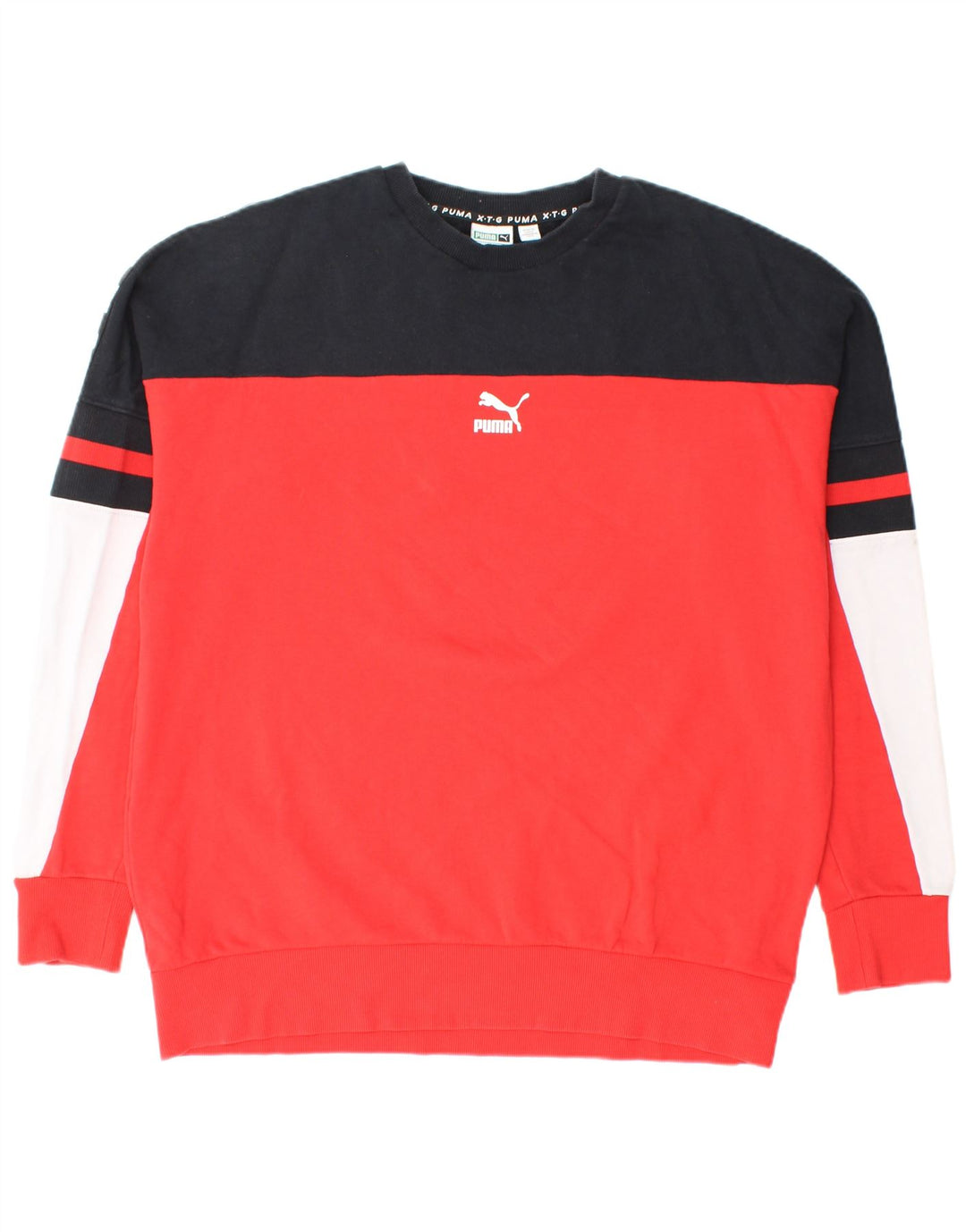 Męski sweter z grafiką PUMA, duży, czerwony, bawełniany z blokami kolorów
