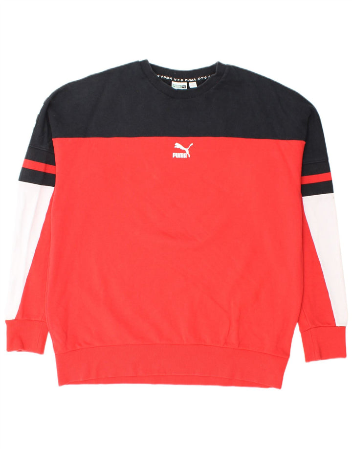Męski sweter z grafiką PUMA, duży, czerwony, bawełniany z blokami kolorów