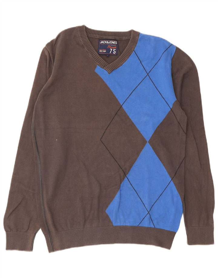 Męski sweter Jack & Jones z dekoltem w kształcie litery V, duży, szary, wykonany z tkaniny argyle/diamentowej bawełny