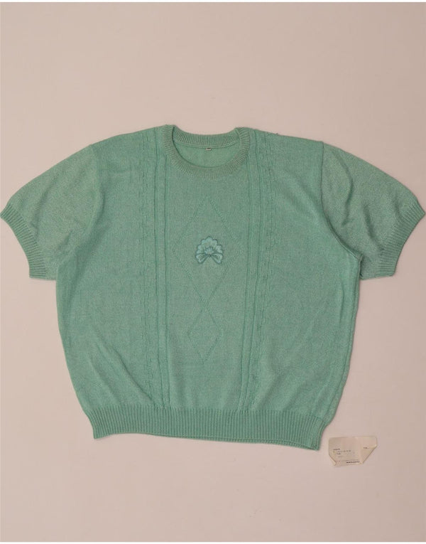 Vintage damski sweter z krótkim rękawem i okrągłym dekoltem EU 48 2XL zielony