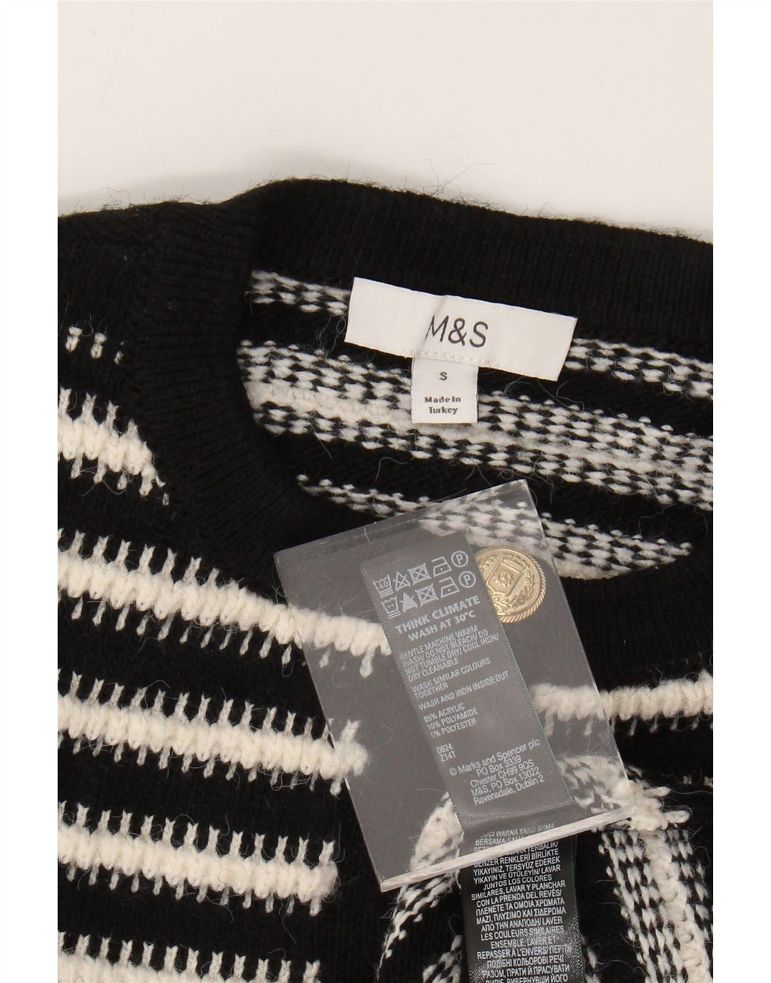 MARKS & SPENCER Damski sweter kardigan UK 10, małe, czarne paski, akryl