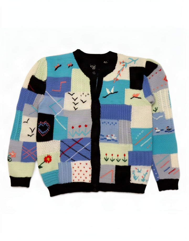 Sweter damski w stylu vintage, UK 16, duży, wielokolorowy patchwork w stylu retro