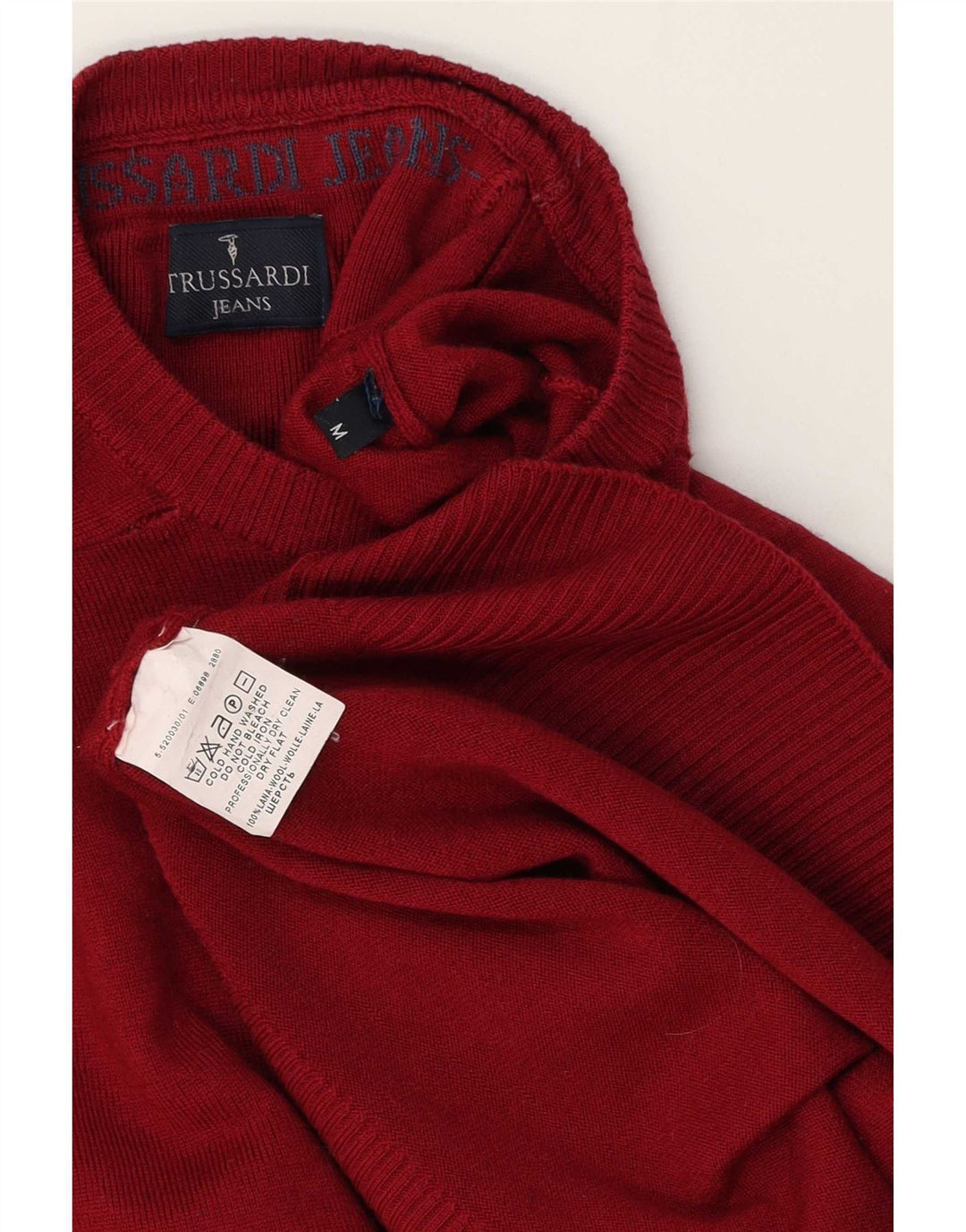 Męski sweter z okrągłym dekoltem Trussardi Jeans, średnia bordowa wełna