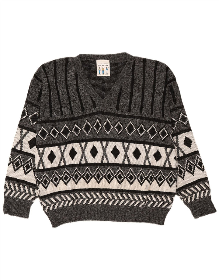 Vintage męski sweter z dekoltem w kształcie litery V, duży, szary Argyle/diamentowy akryl