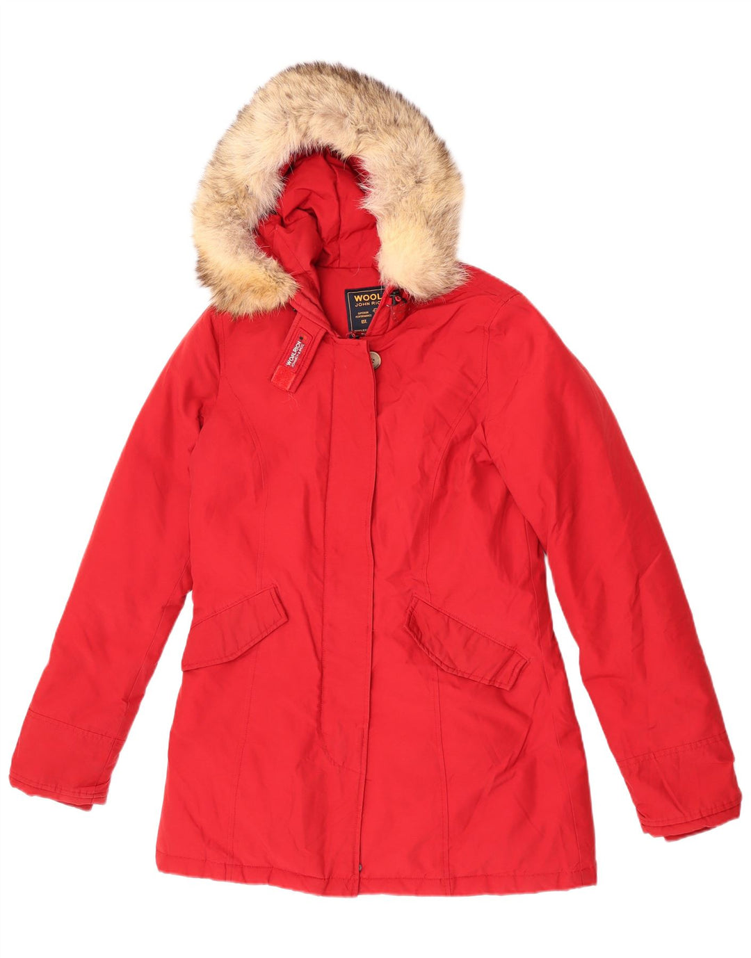 Damska ocieplana kurtka z kapturem Woolrich UK 10, mała, czerwona bawełna