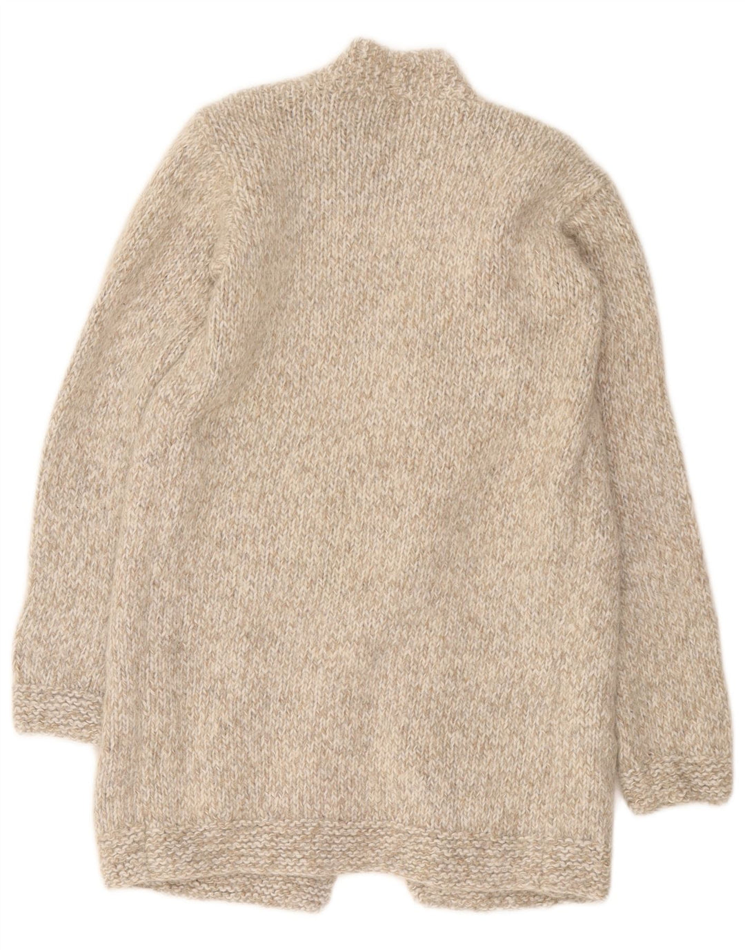 Vintage damski sweter rozpinany o długim kroju, UK 8, mały, beżowy, nakrapiany