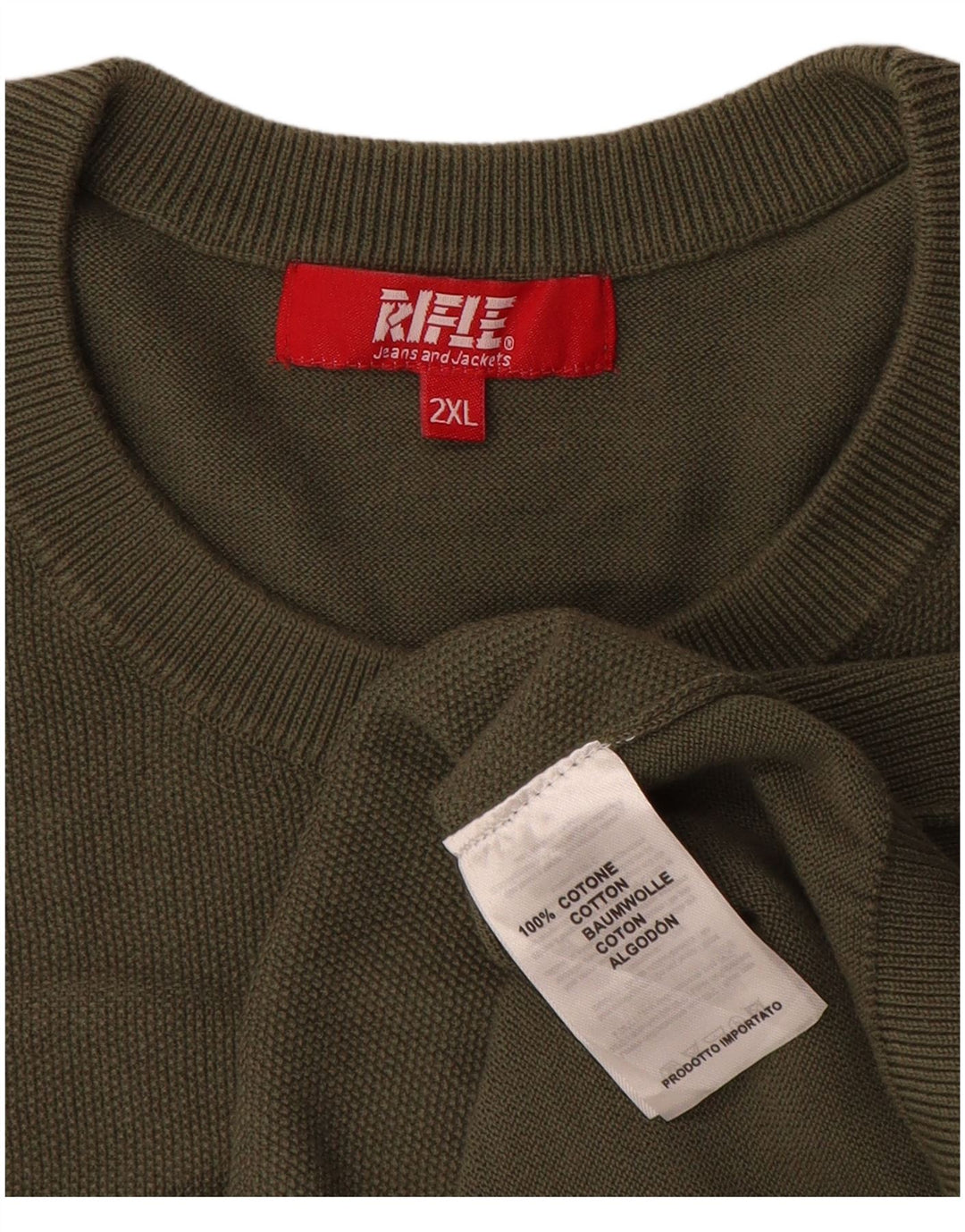 Męski sweter karabinowy z okrągłym dekoltem, 2XL, bawełna khaki