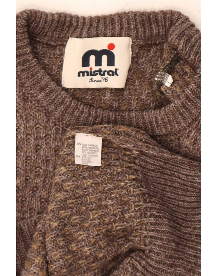 Męski sweter Mistral z okrągłym dekoltem, duży, brązowy, wełniany