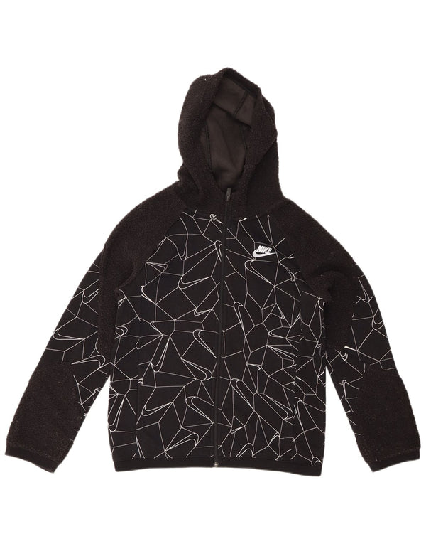 NIKE Boys Zip Hoodie Sweater 12-13 Years Large Black Geometric Cotton