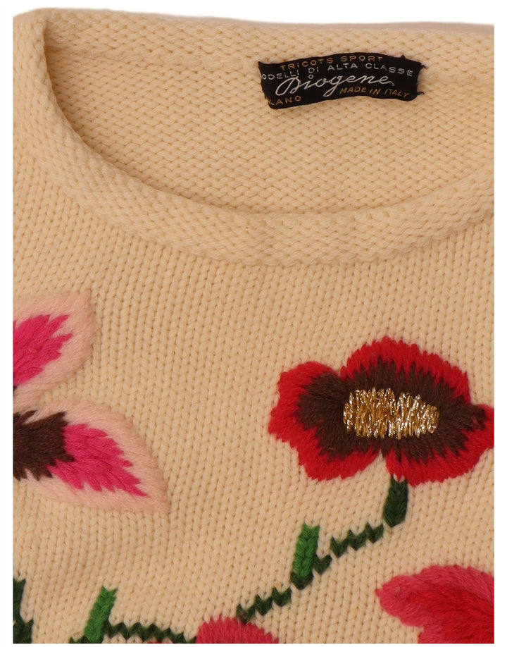 Sweter damski w stylu vintage z okrągłym dekoltem UK 14, średni, w kolorze złamanej bieli, w kwiaty