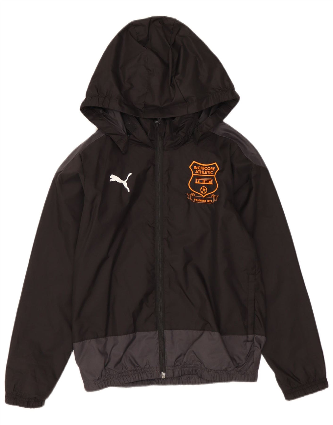 Dziewczęca kurtka przeciwdeszczowa z kapturem i grafiką PUMA, 7-8 lat, czarny nylon z blokami kolorów