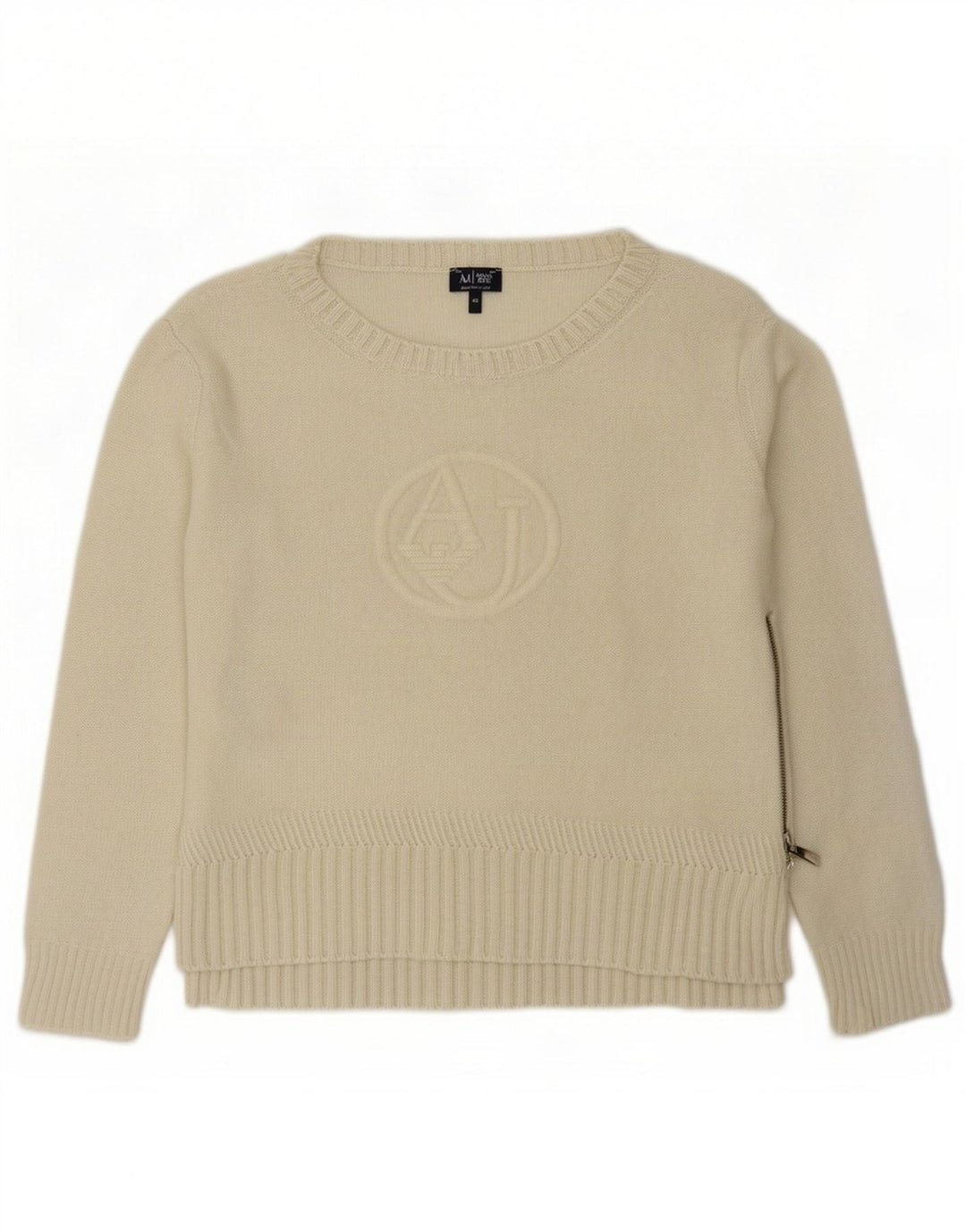 Damski sweter Armani z graficznym dekoltem w łódkę EU 42, duży, z białej wełny