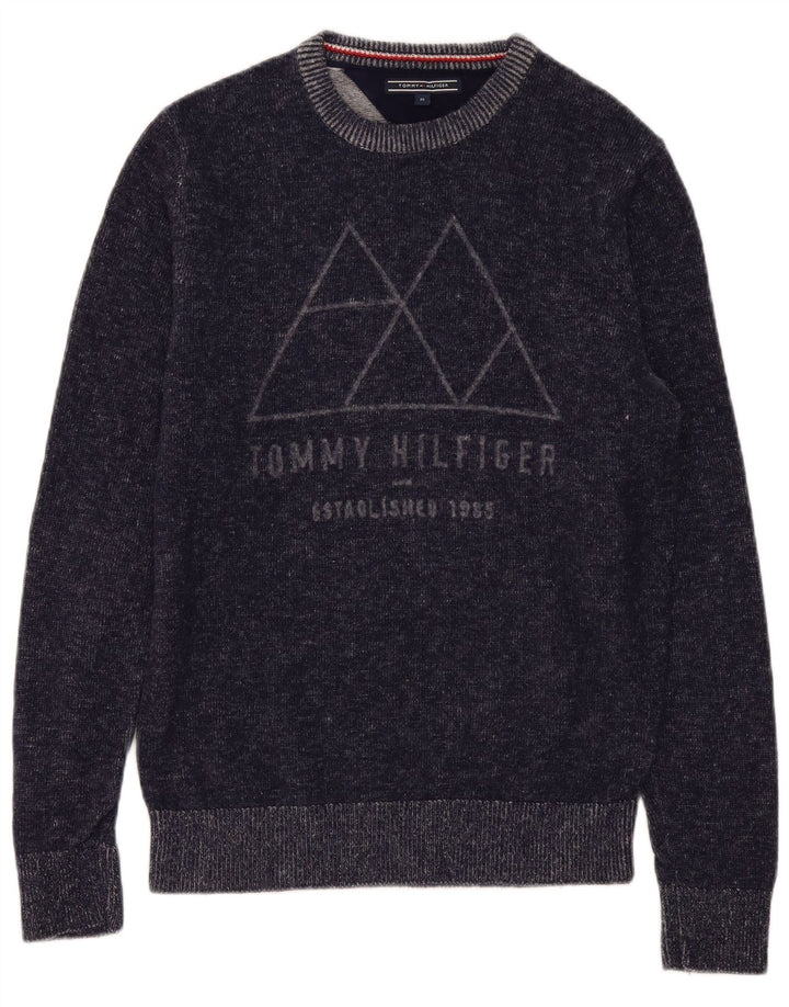 Męski sweter Tommy Hilfiger z graficznym wycięciem pod szyją, średni granatowy wełniany