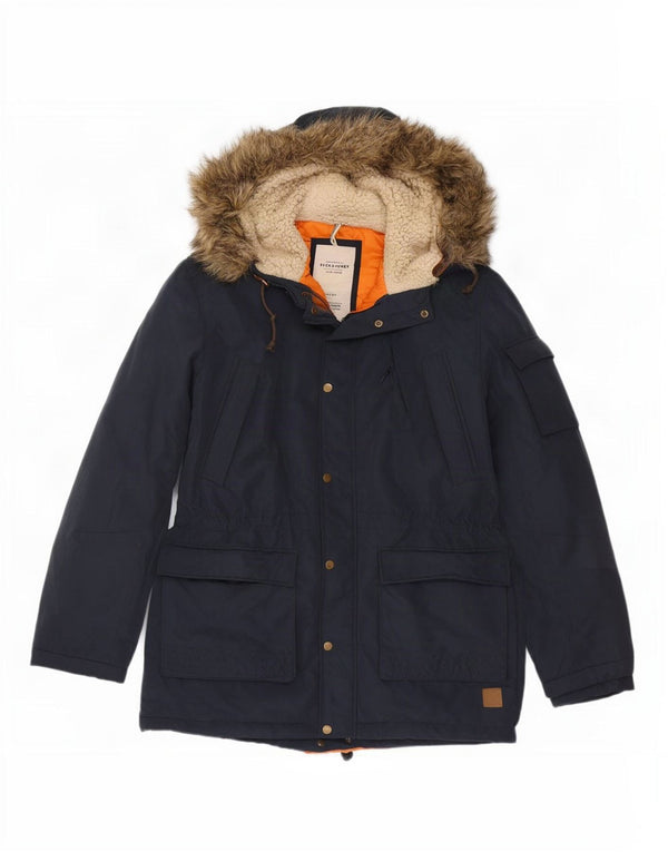 Męska kurtka parka z kapturem Jack & Jones UK 42 XL, granatowa, bawełniana