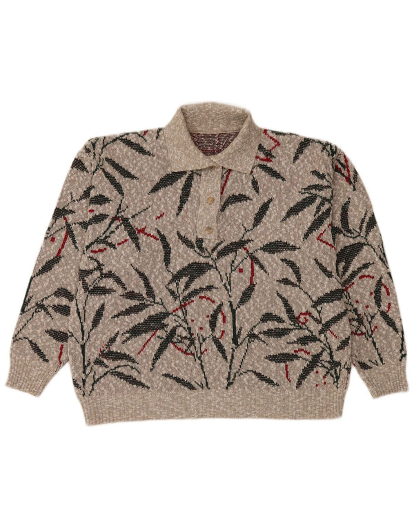 Sweter damski w stylu vintage, z dekoltem polo, UK 16, duży, szary w kwiaty