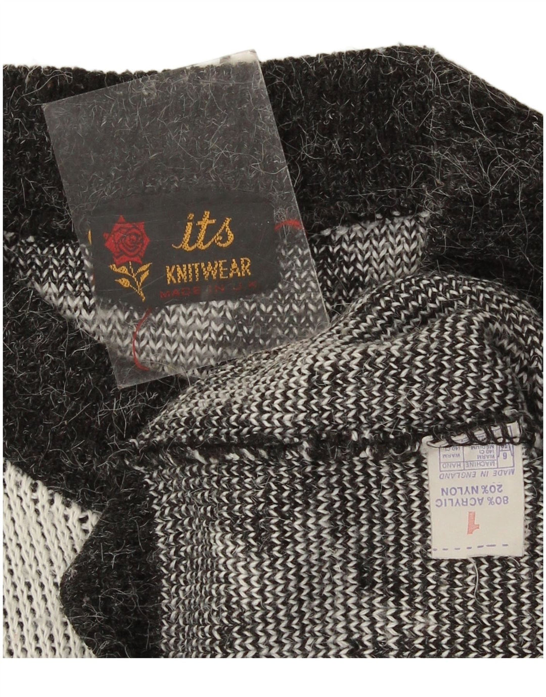Vintage damski sweter z abstrakcyjnym wzorem i okrągłym dekoltem UK 14, duży czarny
