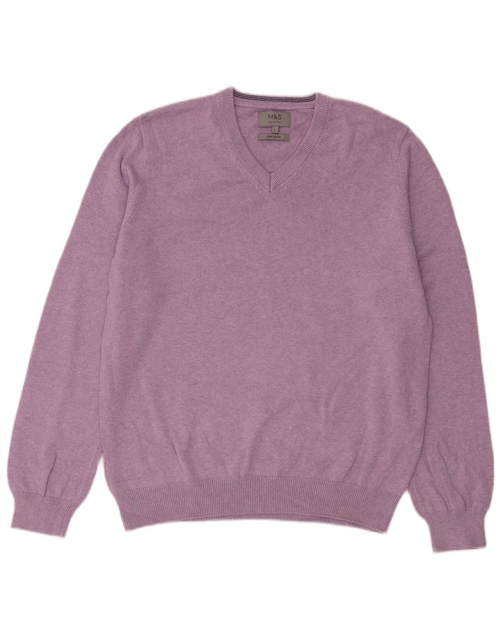 Marks & Spencer Męski sweter z dekoltem w kształcie litery V, duży, fioletowy, bawełniany