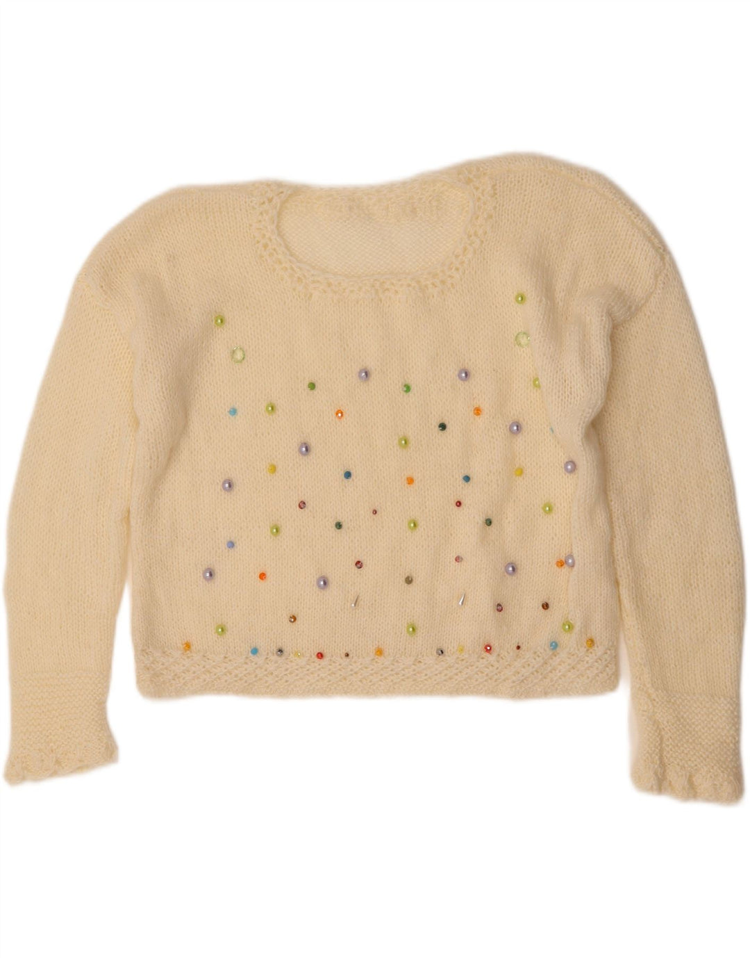 VINTAGE Womens Crop Crew Neck Jumper Sweater UK 14 Medium Beige Vintage Vintage and Second-Hand Vintage from Messina Hembry 