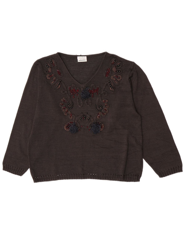 Vintage damski sweter z dekoltem w kształcie litery V, UK 16, duży, brązowy, geometryczny