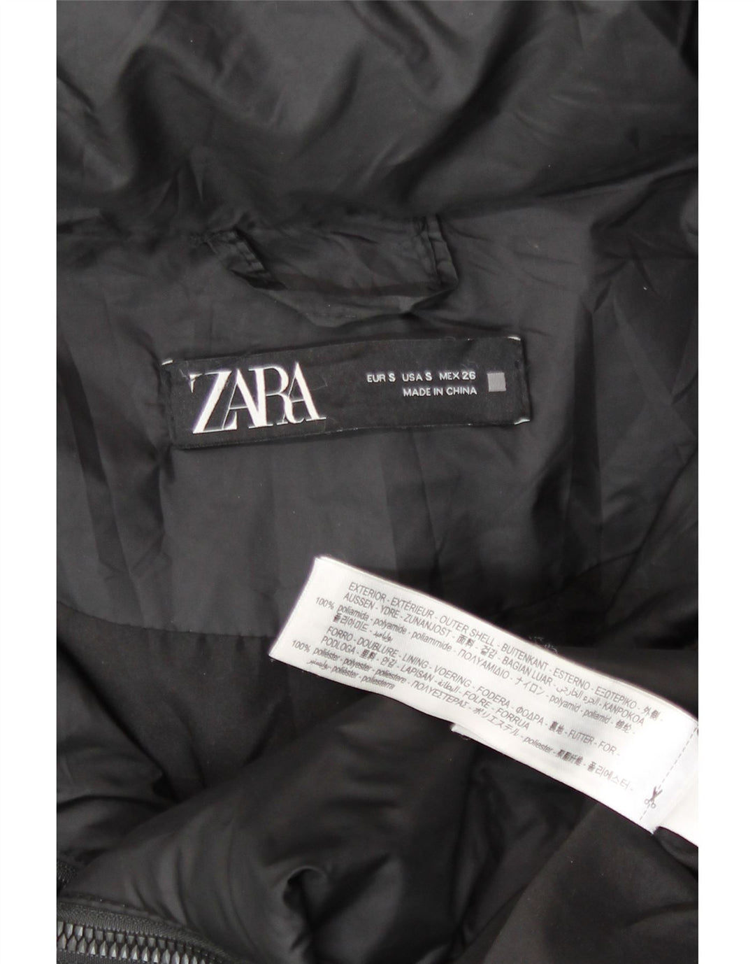 Damski, oversize'owy, ocieplany płaszcz z kapturem Zara UK 10, mały, czarny poliamid