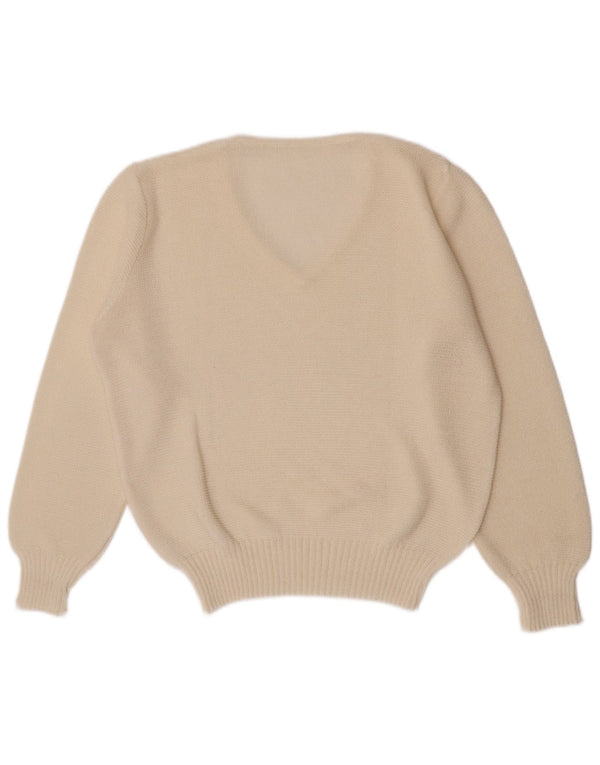 Sweter damski w stylu vintage o regularnym kroju z dekoltem w kształcie litery V, UK 10, mały, biały akryl