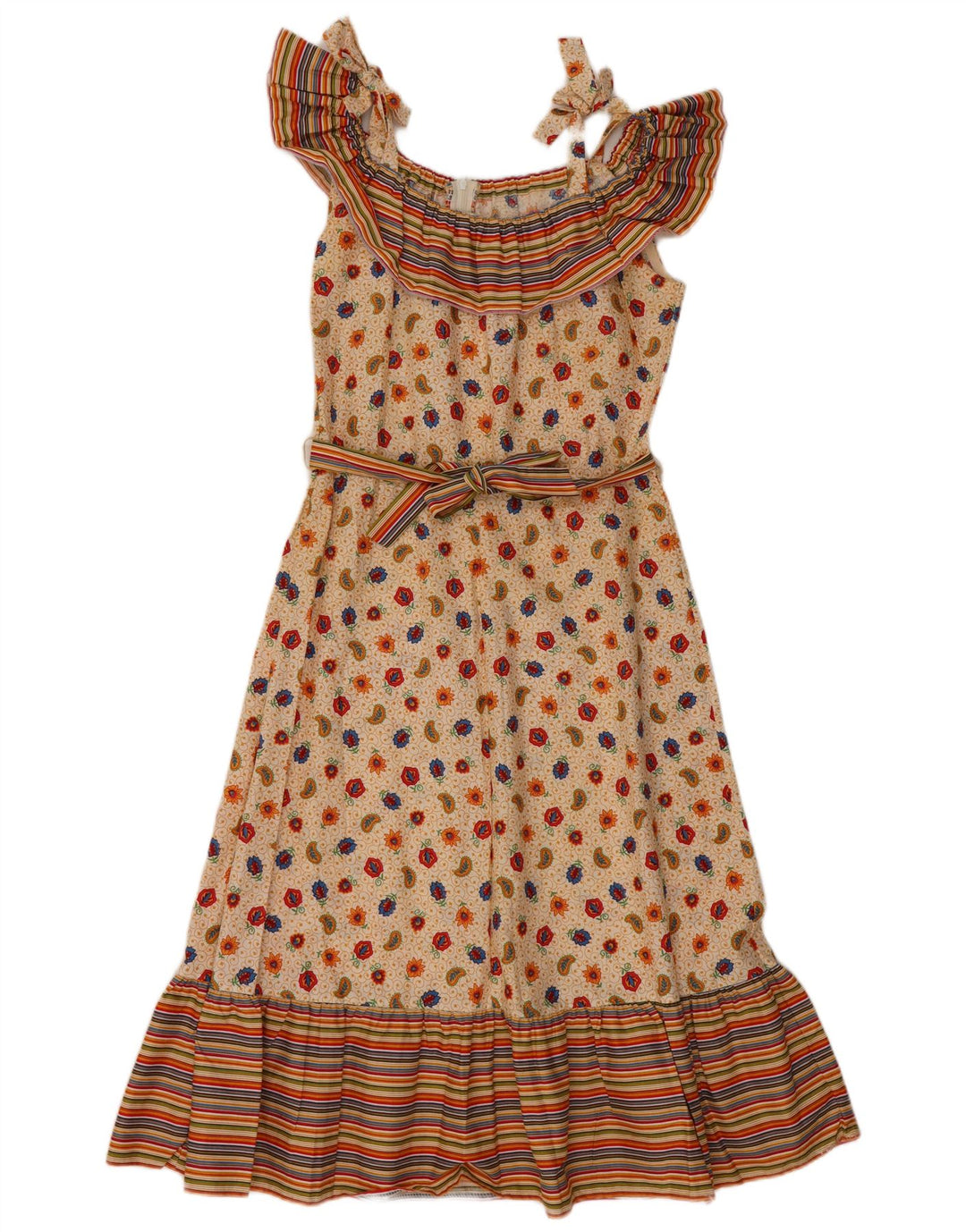 VINTAGE damska sukienka o linii A bez rękawów EU 36 mała beżowa bawełna Paisley