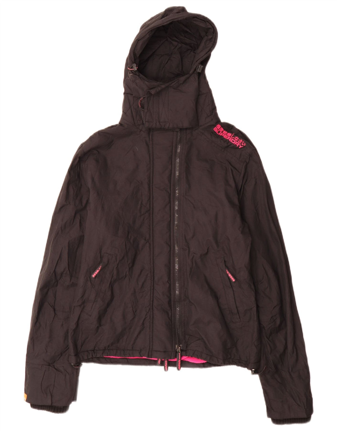 Damska kurtka wiatrówka z kapturem Superdry UK 16, duża, czarna nylonowa