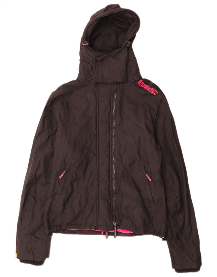 Damska kurtka wiatrówka z kapturem Superdry UK 16, duża, czarna nylonowa