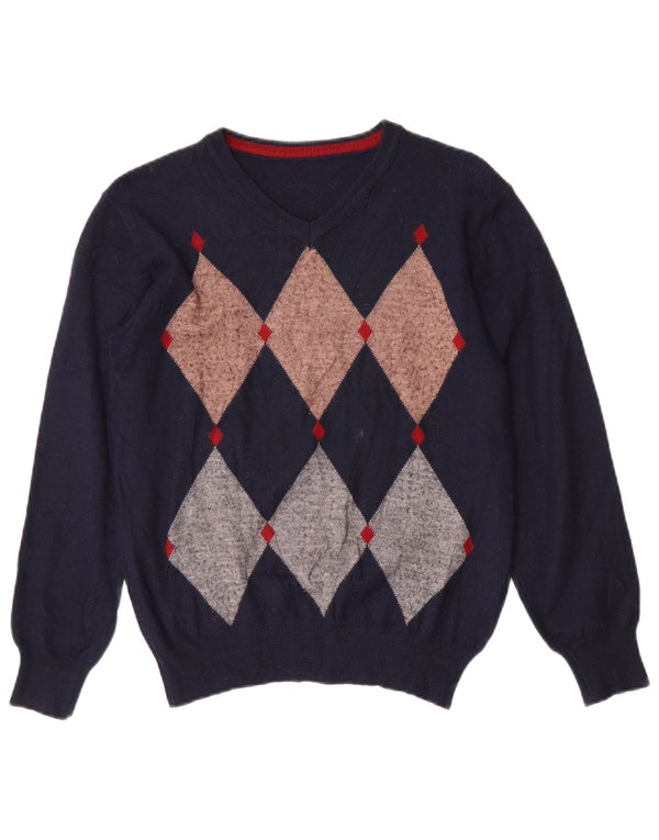 Vintage Womens V-Neck Jumper Sweater UK 14 Medium Navy Blue Argyle/Diamond