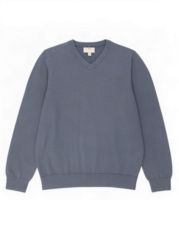 Marks & Spencer Męski sweter z dekoltem w kształcie litery V, 2XL, niebieski, bawełniany