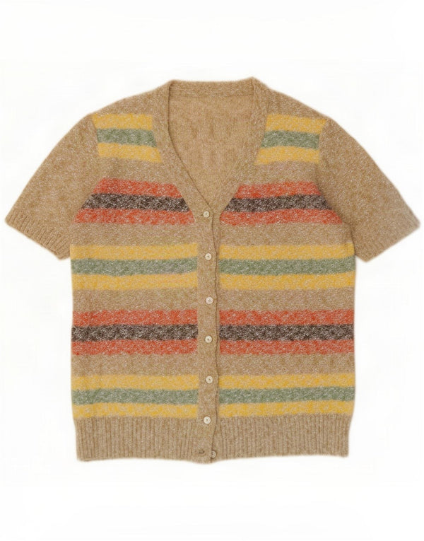 Vintage damski sweter rozpinany z krótkim rękawem UK 14 średnie beżowe paski