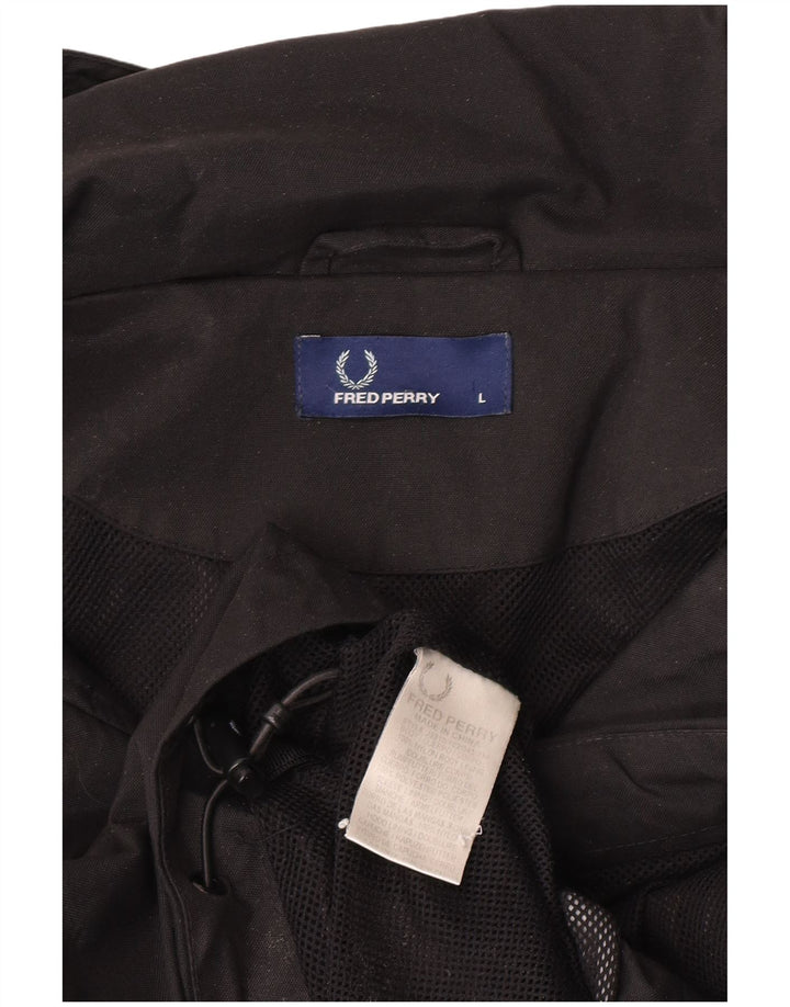 Damska kurtka przeciwdeszczowa Fred Perry z kapturem, oversize UK 16, duża, czarna nylonowa