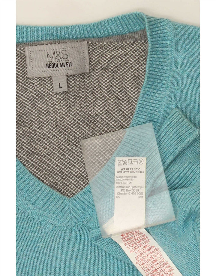 Marks & Spencer Męski sweter o regularnym kroju z dekoltem w kształcie litery V, duży, turkusowy