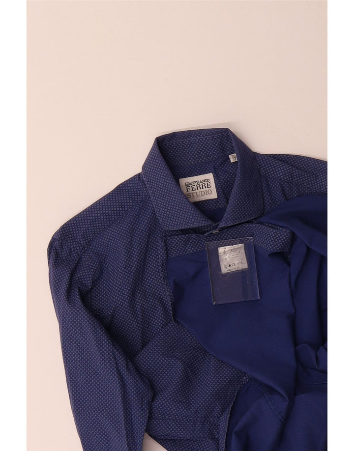 FERRE Mens Formal Shirt Size 39 15 1/2 Medium Navy Blue Check Cotton