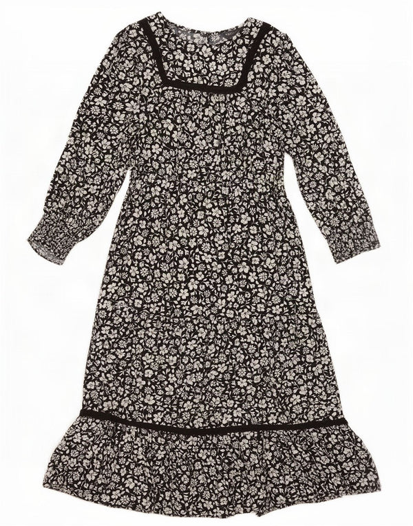 Marks & Spencer Damska sukienka maxi z rękawem 3/4 UK 14, średnia czarna w kwiaty