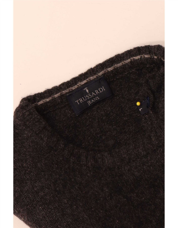 Męski sweter z wycięciem pod szyją Trussardi Jeans, duży, szary, wełniany
