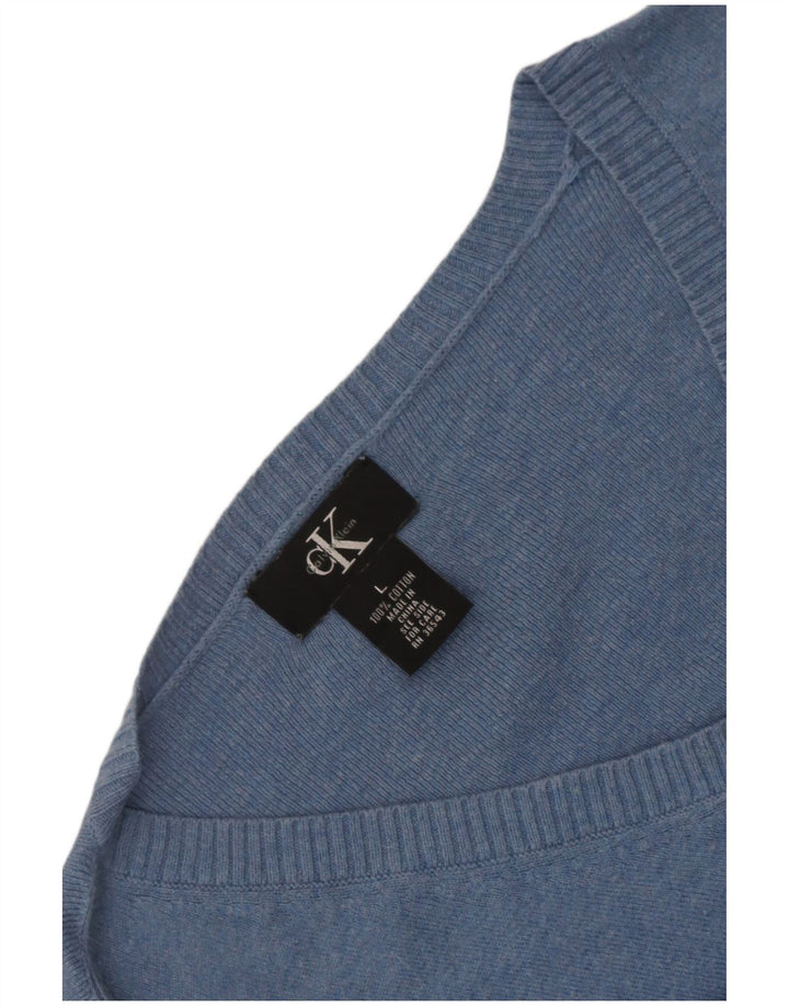 Męski sweter Calvin Klein z dekoltem w kształcie litery V, duży, niebieski, bawełniany