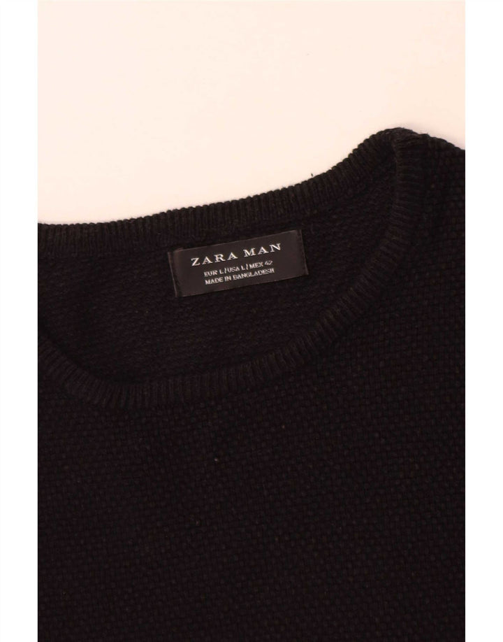 Zara Męski sweter z okrągłym dekoltem, duży, czarny, bawełniany