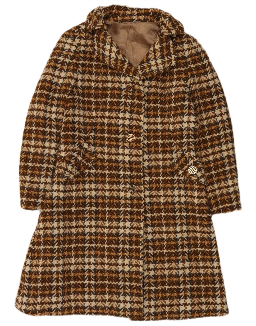 Płaszcz damski w stylu vintage UK 8, mała brązowa wełna w jodełkę