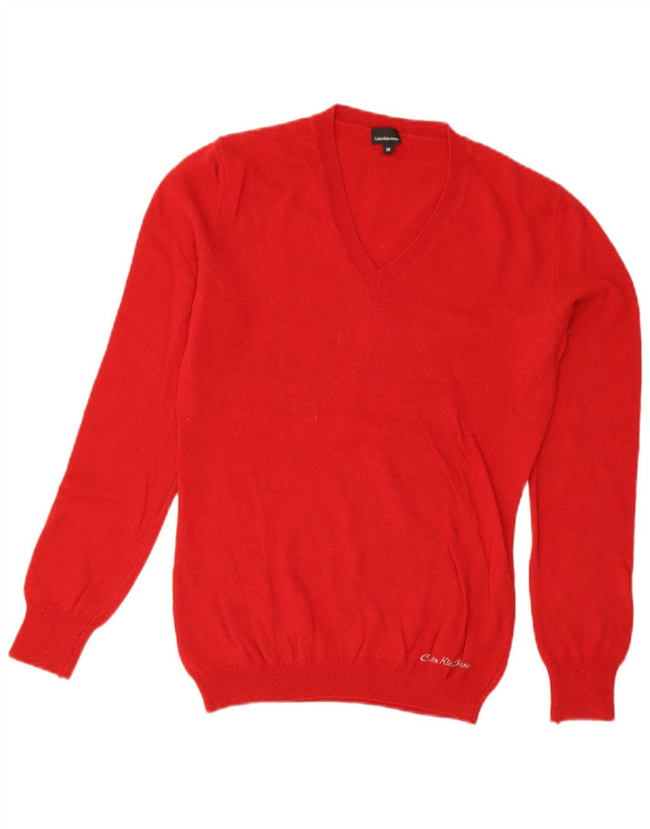 Sweter damski Calvin Klein Jeans z dekoltem w kształcie litery V, UK 12, średnia czerwona wełna