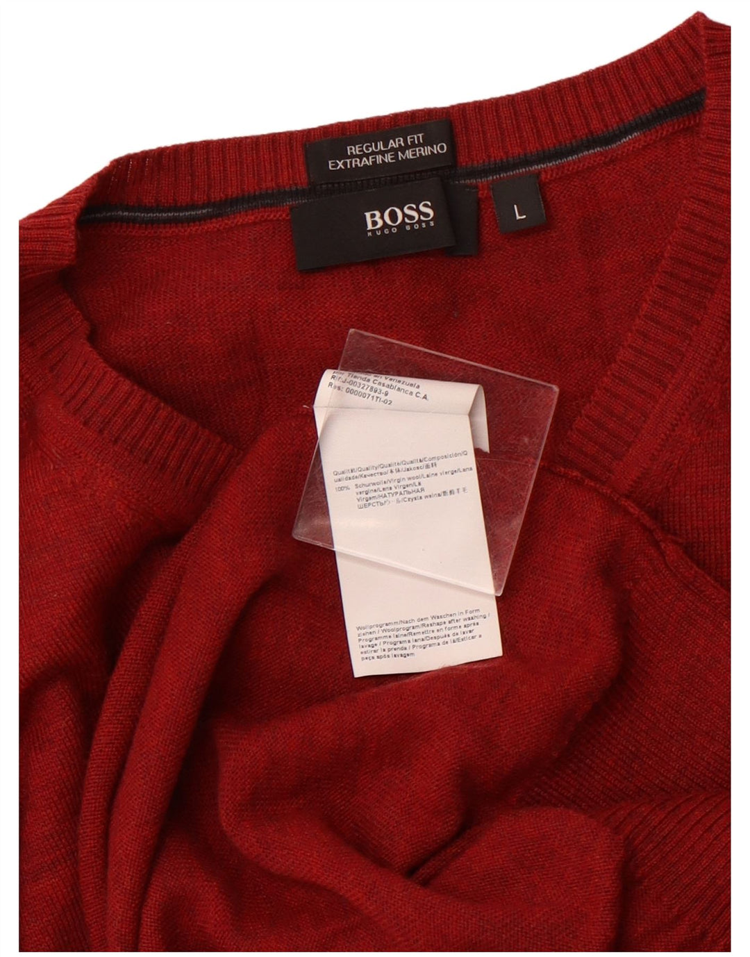 Męski sweter HUGO BOSS o regularnym kroju z dekoltem w kształcie litery V, duży, z czerwonej wełny dziewiczej
