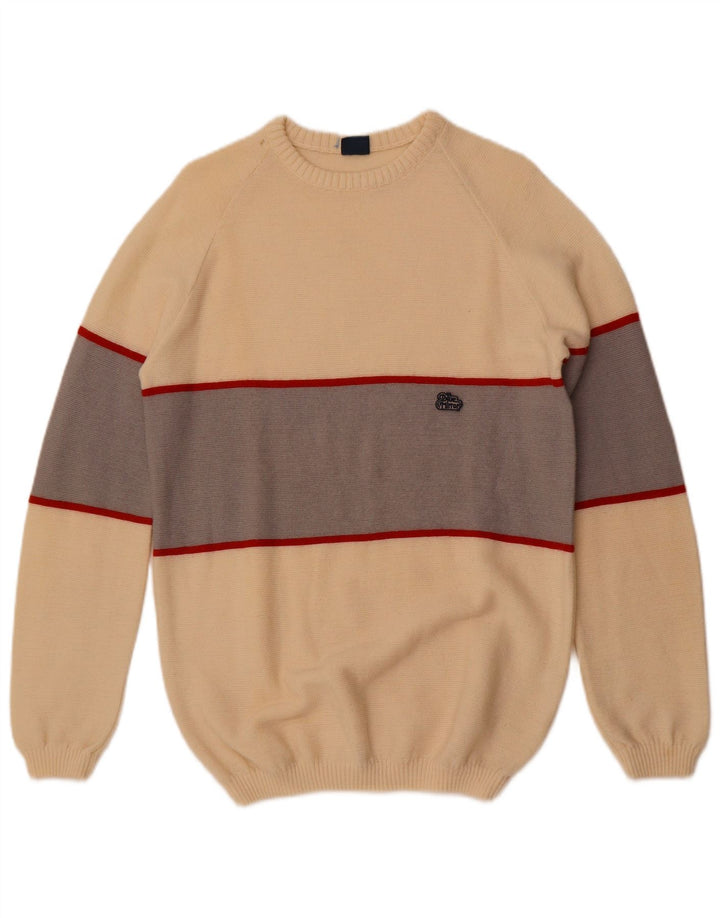 Męski sweter w stylu vintage z wycięciem pod szyją, mały, wełniany w kolorze złamanej bieli