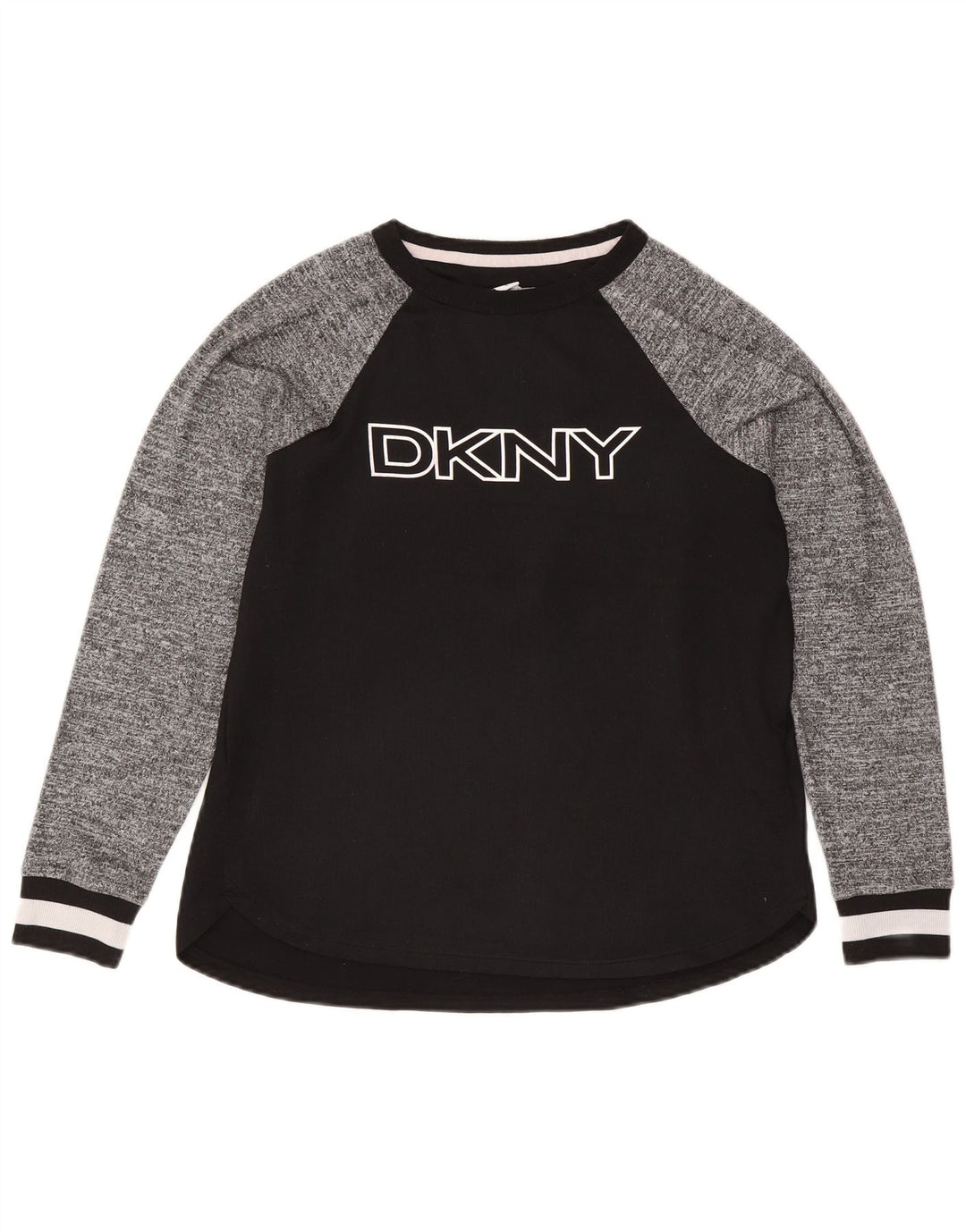Damski top graficzny Dkny z długim rękawem, UK 10, mały, czarny poliester z blokami kolorów