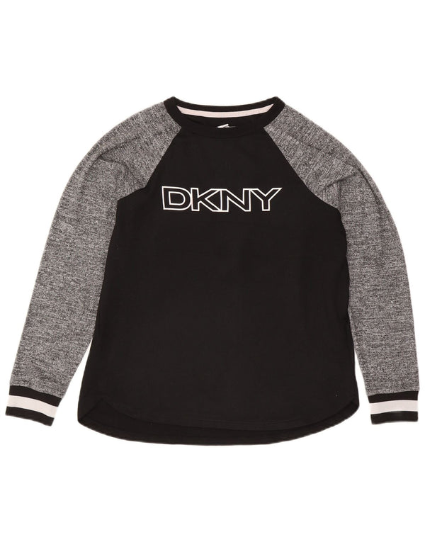 Damski top graficzny Dkny z długim rękawem, UK 10, mały, czarny poliester z blokami kolorów