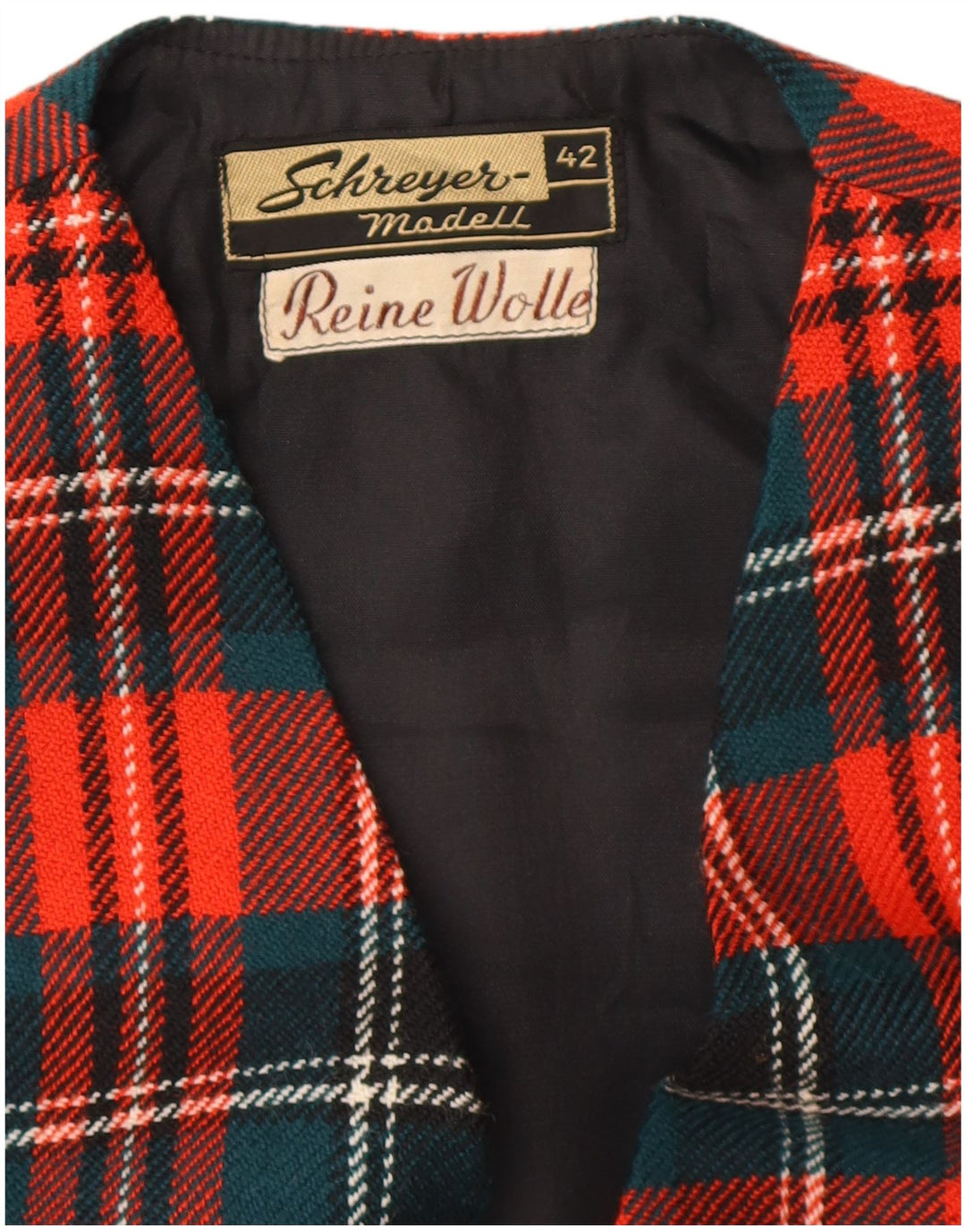 VINTAGE Damska kamizelka typu Crop EU 42, duża, w czerwoną kratę, z dziewiczej wełny