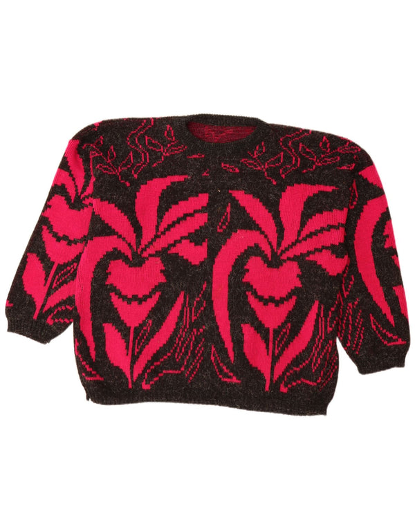 Damski sweter z dekoltem w łódkę w stylu VINTAGE UK 20 2XL Czarny kwiatowy akryl