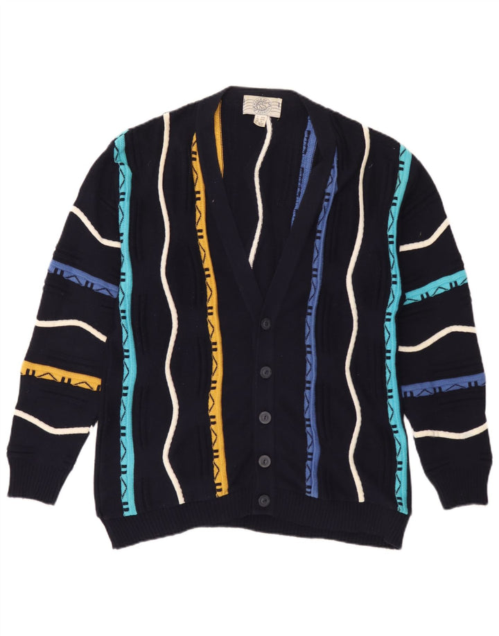 Vintage męski sweter rozpinany, średni granatowy, bawełniany w paski