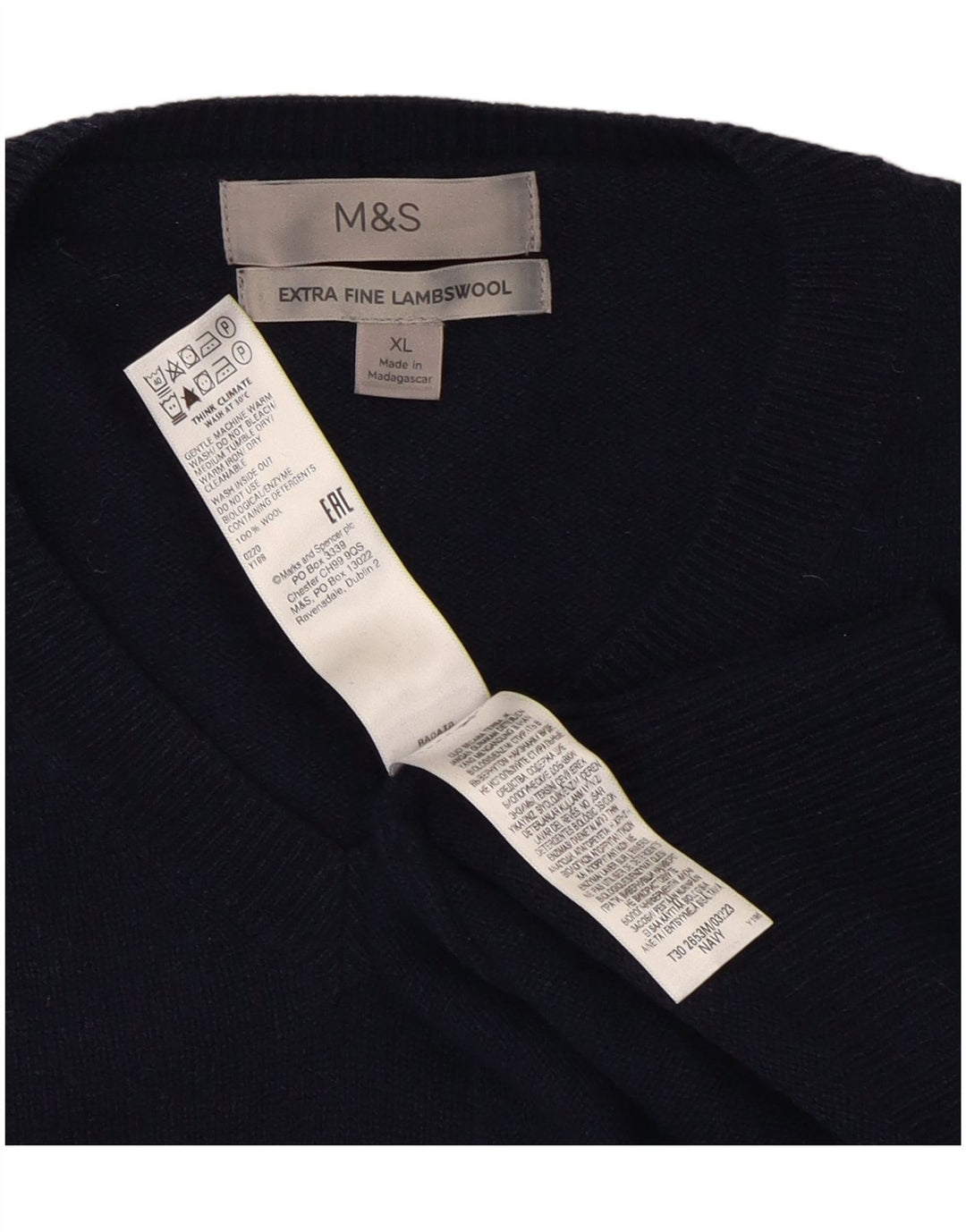 Marks & Spencer Męski sweter z dekoltem w kształcie litery V, XL, granatowo-wełniany