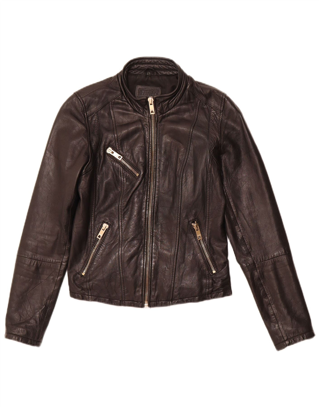 Damska kurtka skórzana BERSHKA UK 12, średnia czarna skóra