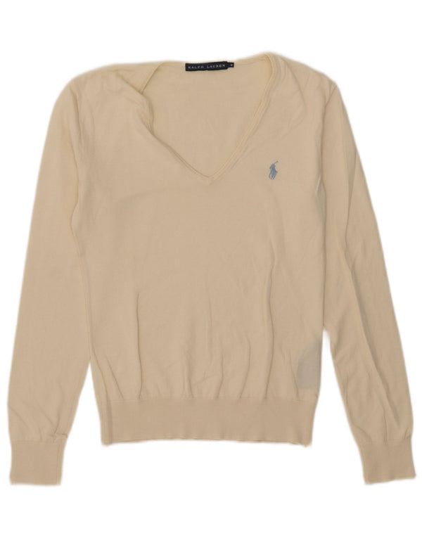 Damski sweter z dekoltem w kształcie litery V, Ralph Lauren, UK 12, średni, złamanej bieli, bawełniany